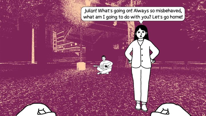 A Despelote screenshot with the main character's mother telling him off. A barefoot man with a guitar is sitting cross-legged behind her.