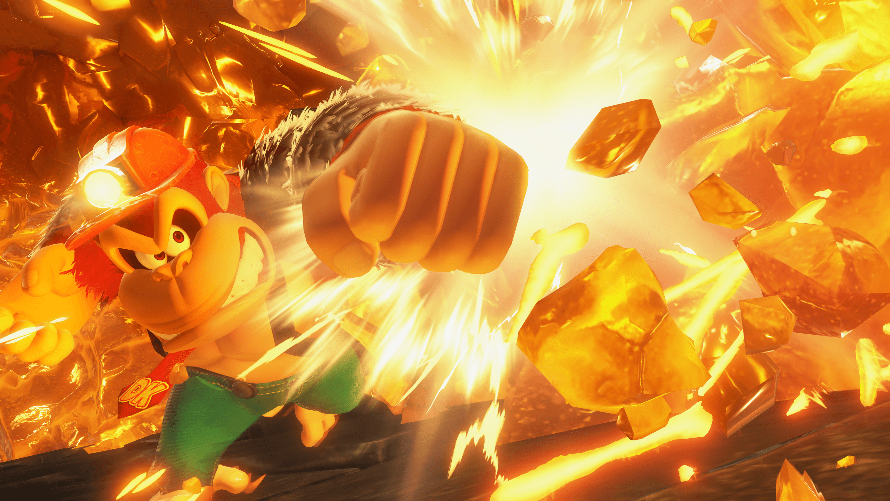 Donkey Kong does a fiery punch in Donkey Kong Bananza.
