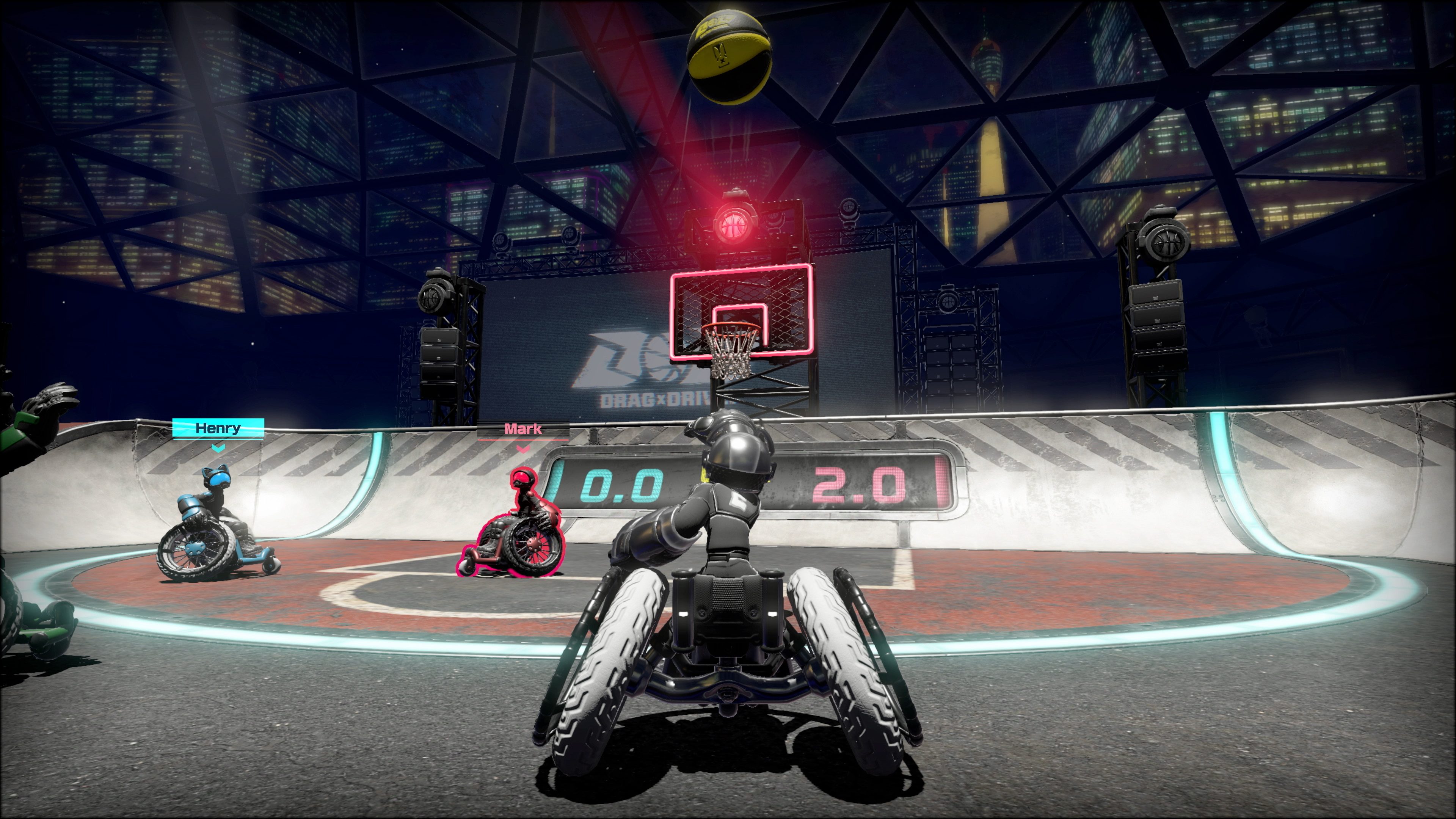 A player shoots a basket in Drag X Drive.
