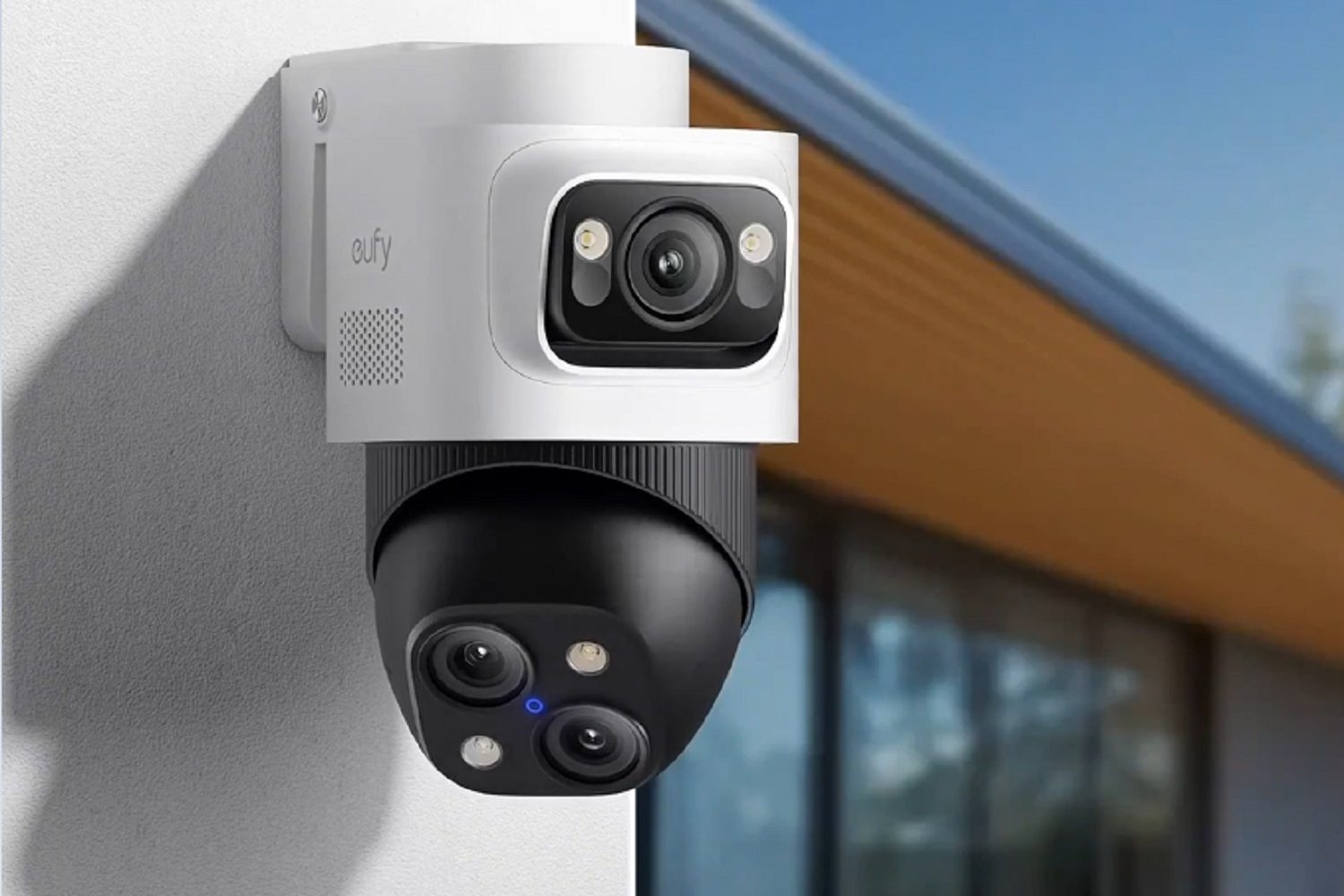 A camera of the eufy&nbsp;NVR PoE S4 Max Security System installed outdoors.