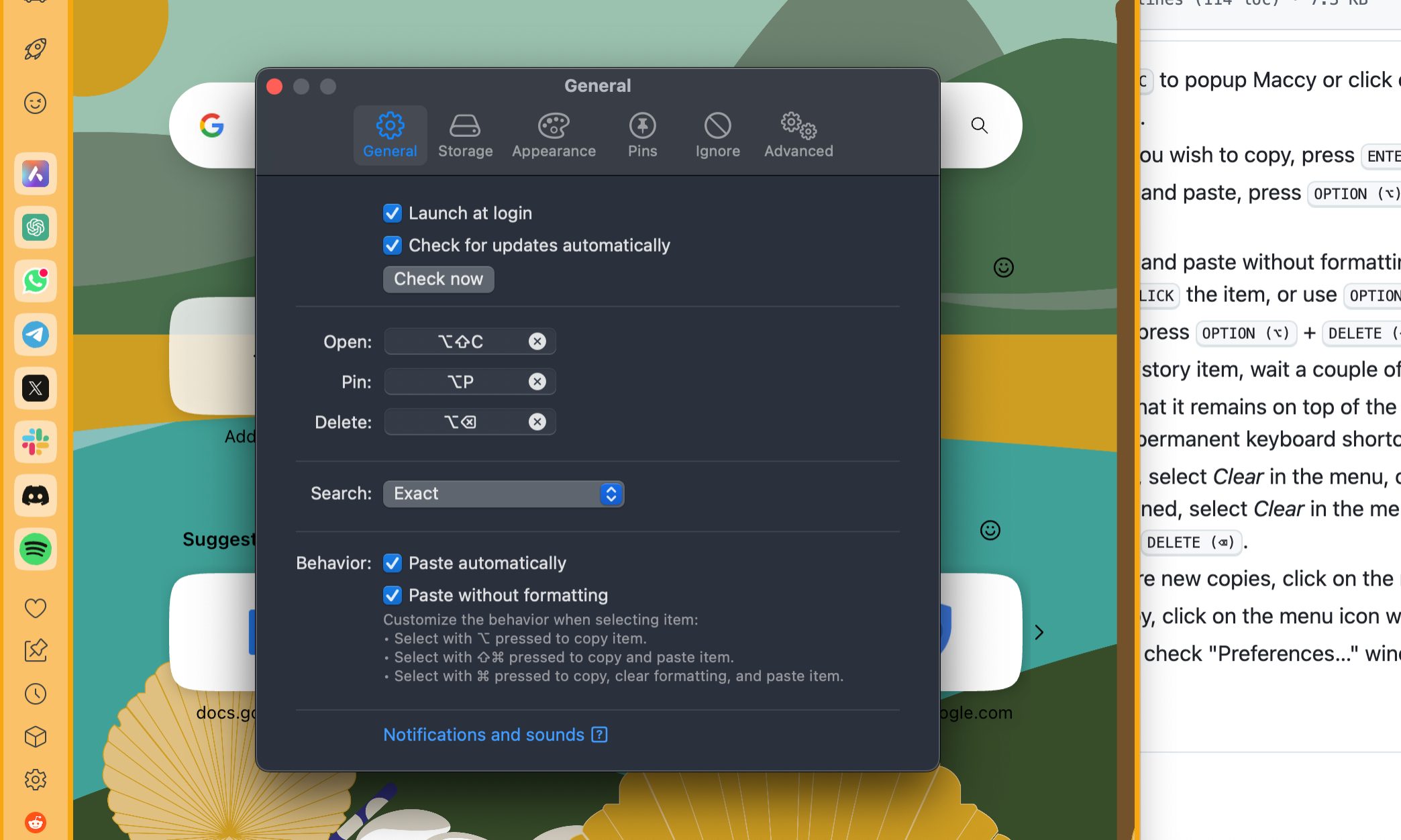 General settings in the Maccy clipboard app for macOS.