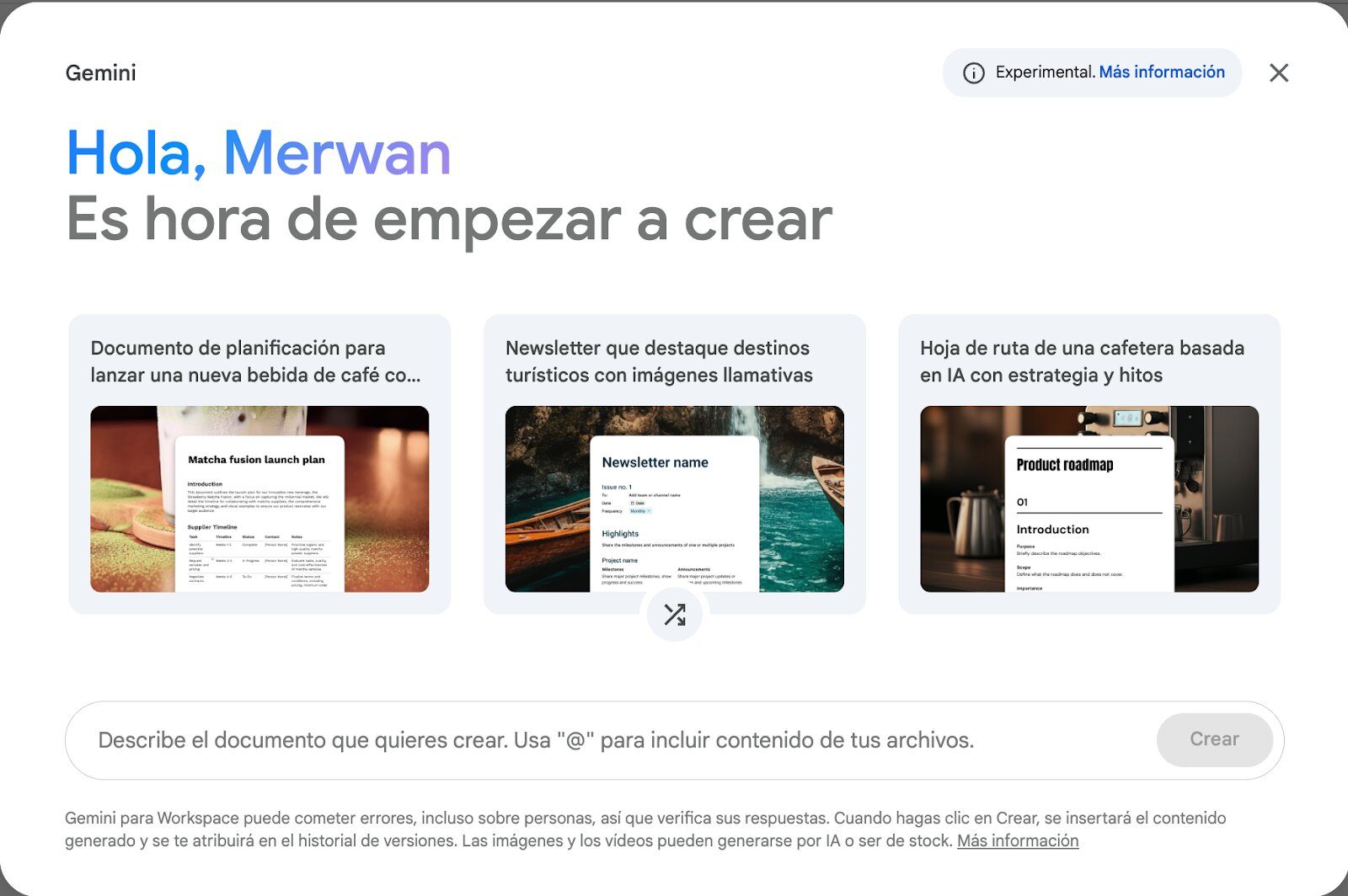 Demonstration Google Docs Help me create in Spanish.