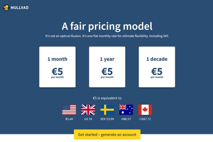 Mullvad VPN prices are shown with a fixed cost of 5 euros monthly