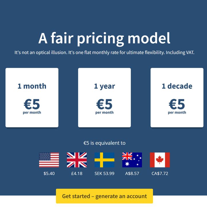 Mullvad VPN prices are shown with a fixed cost of 5 euros monthly