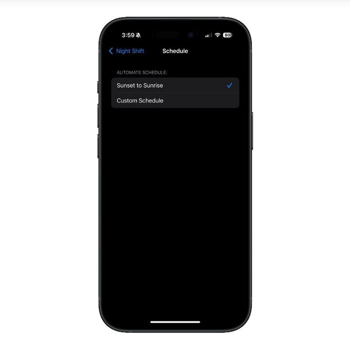 Setting the schedule for Night Shift in iOS 18.