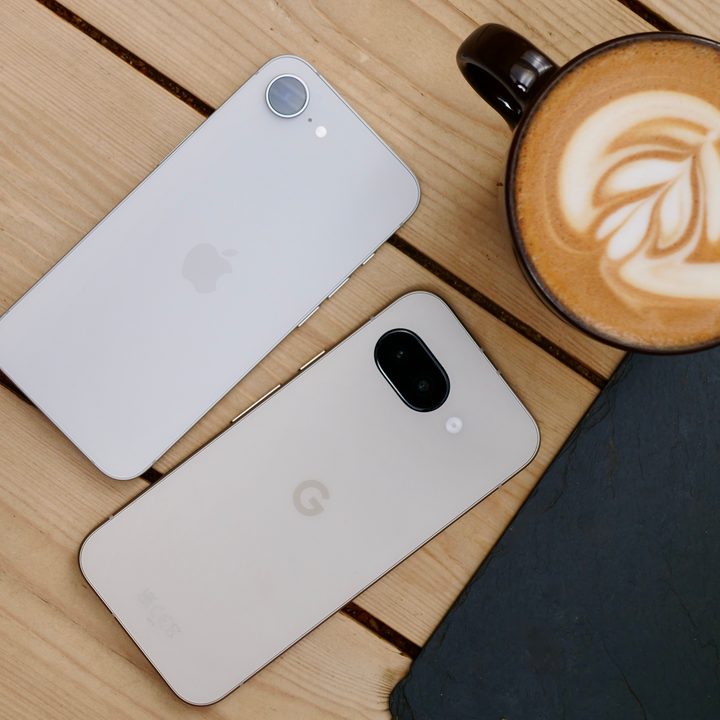 The back of the Google Pixel 9a and Apple iPhone 16e.