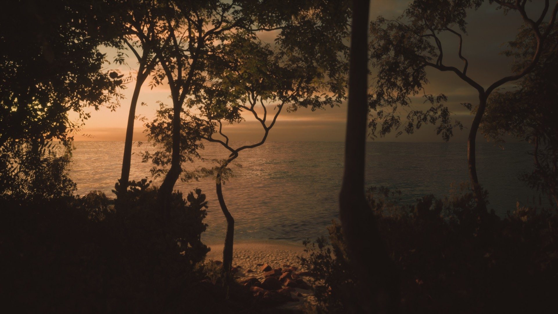 A sunset occurs behind trees in Lushfoil Photography Sim.