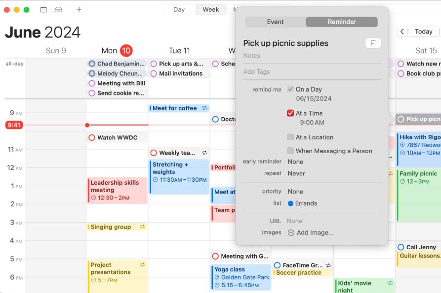 Adding a reminder in the Calendar app in macOS Sequoia.