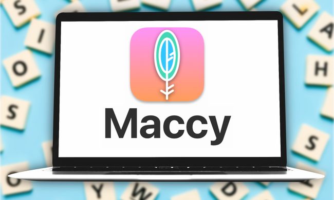 Depicting of the Maccy clipboard app for macOS on a laptop with letters inb the background.