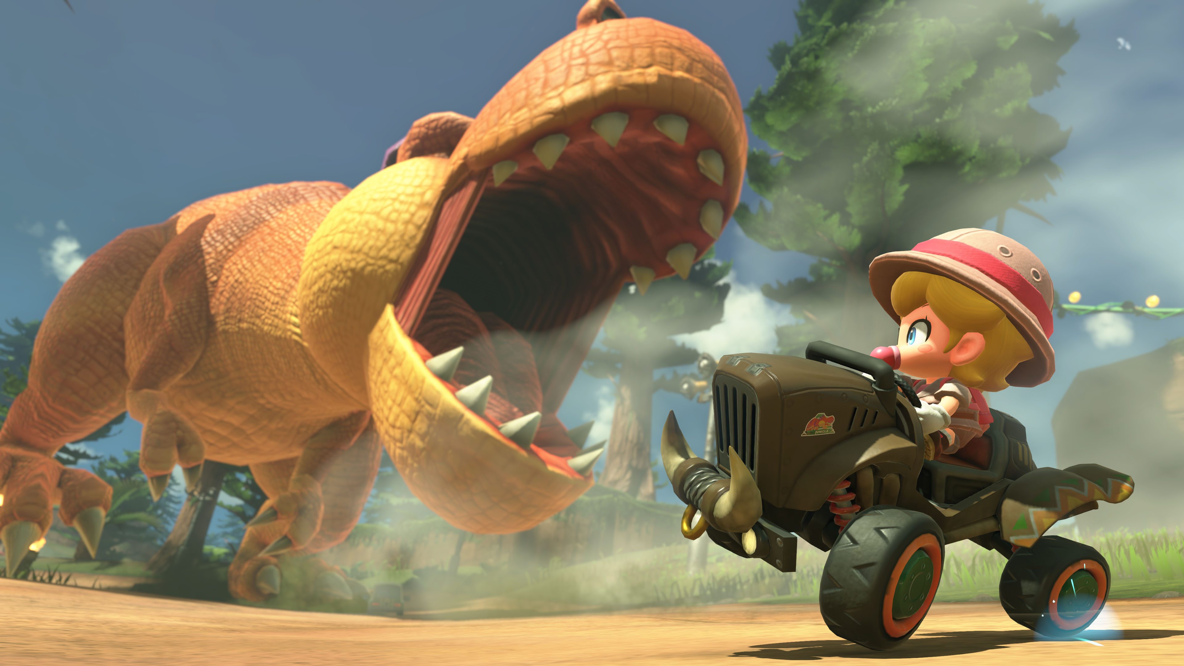 Baby Peach rides away from a T-rex in Mario Kart World.