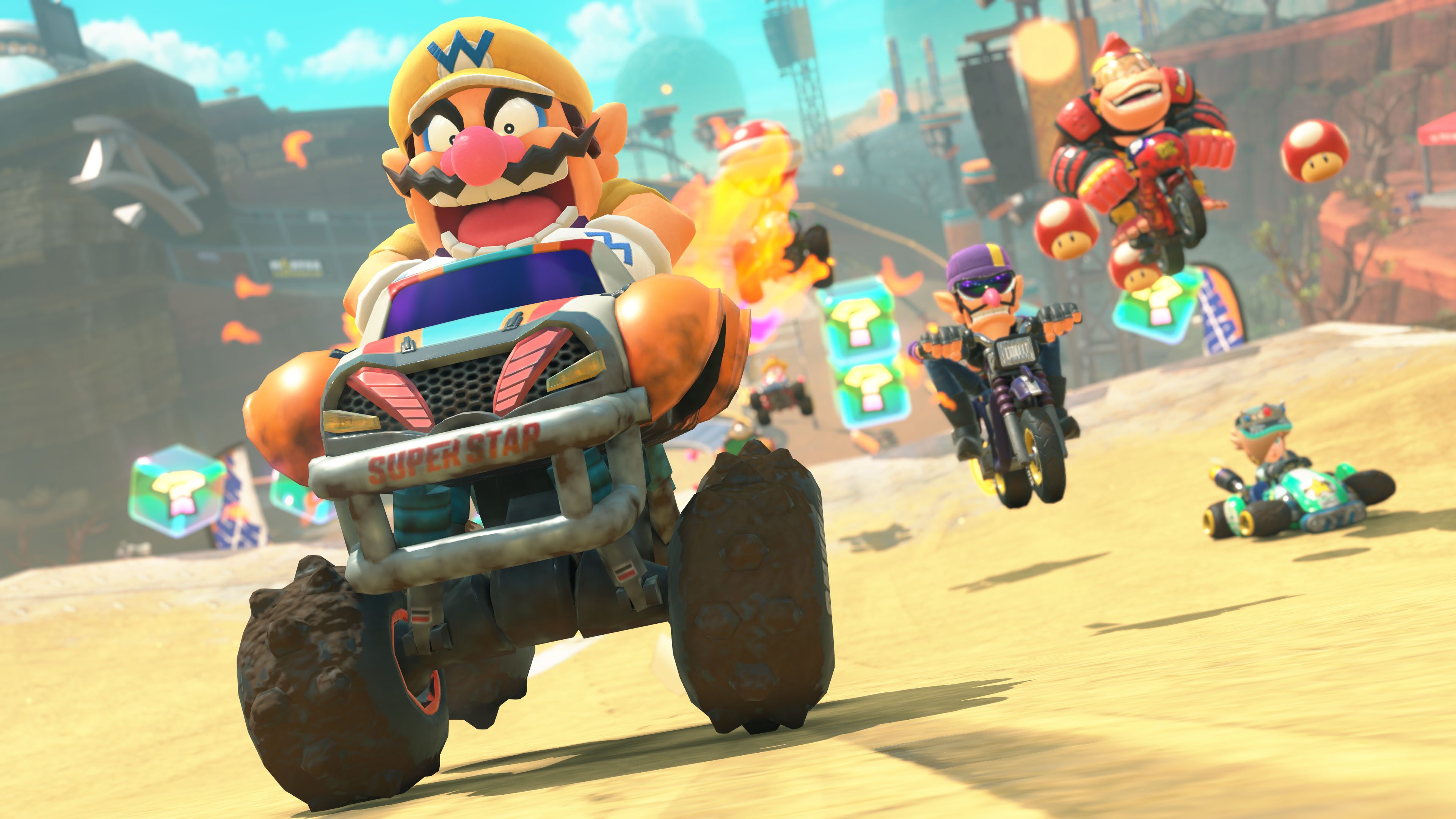 Wario races opponents in Mario Kart World.