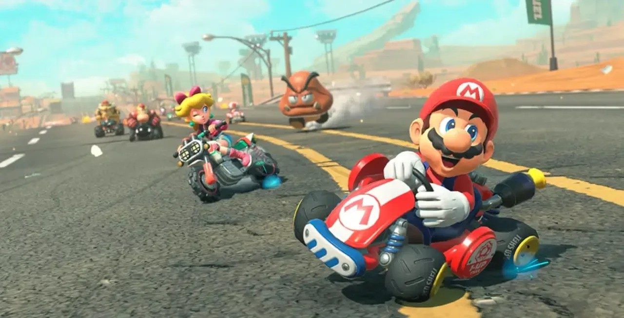 Mario and Peach racing in the foreground of a screenshot of Mario Kart World.