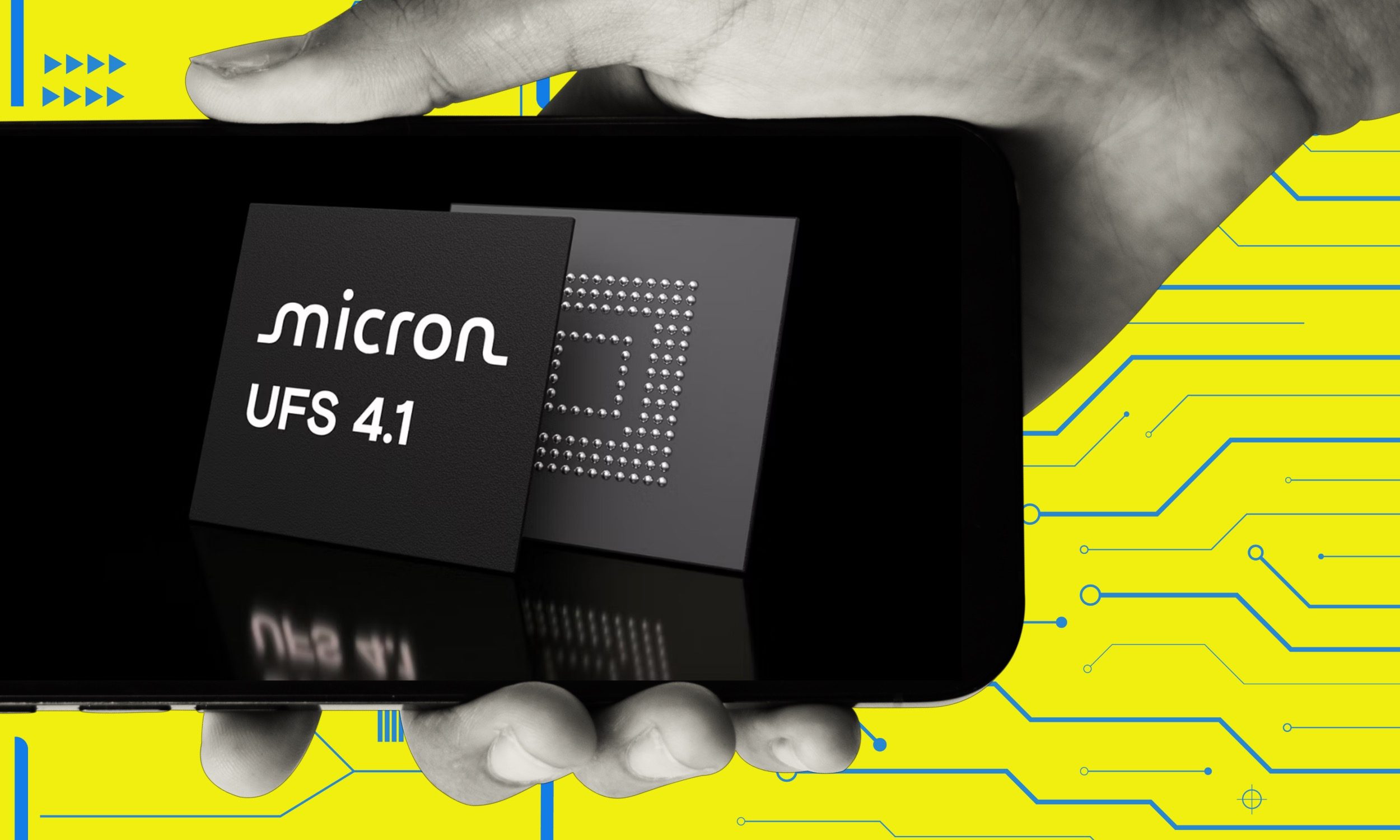 Person holding a phone depicting Micron's UFS 4.1 storage module.