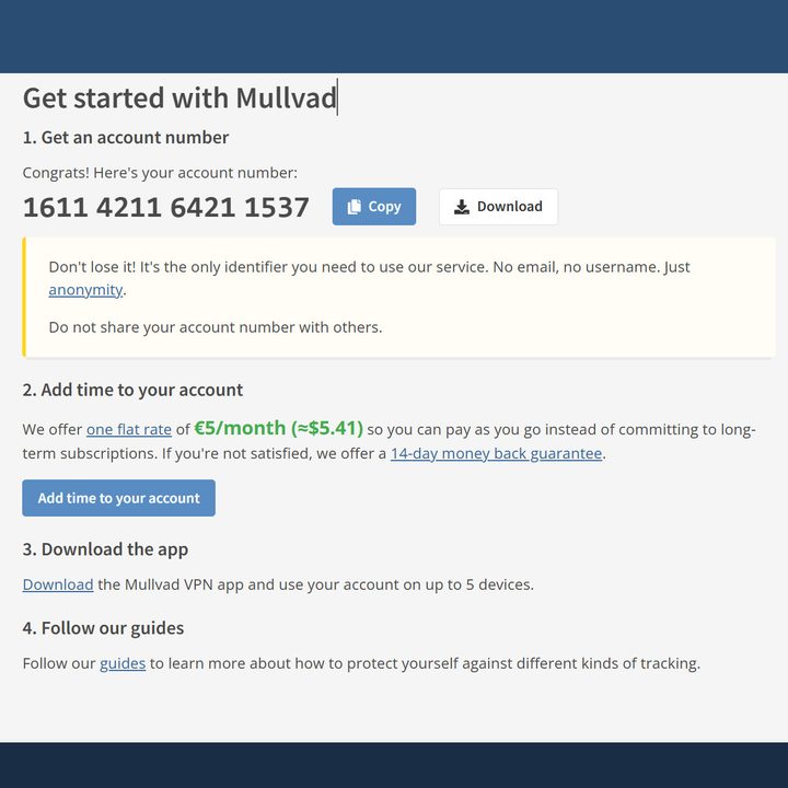 Mullvad assigns a random account number — this is not mine.
