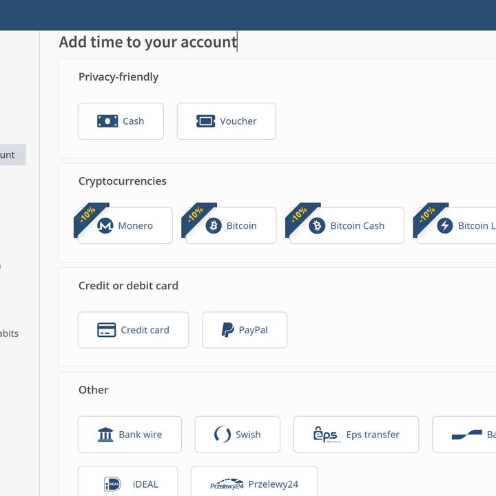 Mullvad VPN accepts cash, cryptocurrency, credit cards, and many more payment types.