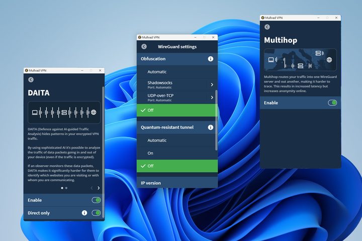 Mullvad VPN has advanced security features like DAITA, quantum-resistant tunnels, and more.