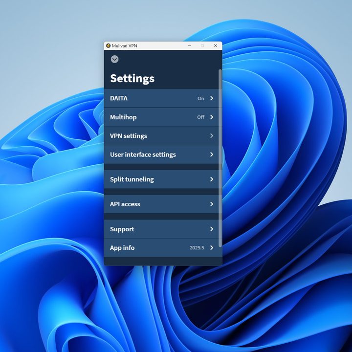 Mullvad VPN settings include several advanced security layers along with common VPN options.