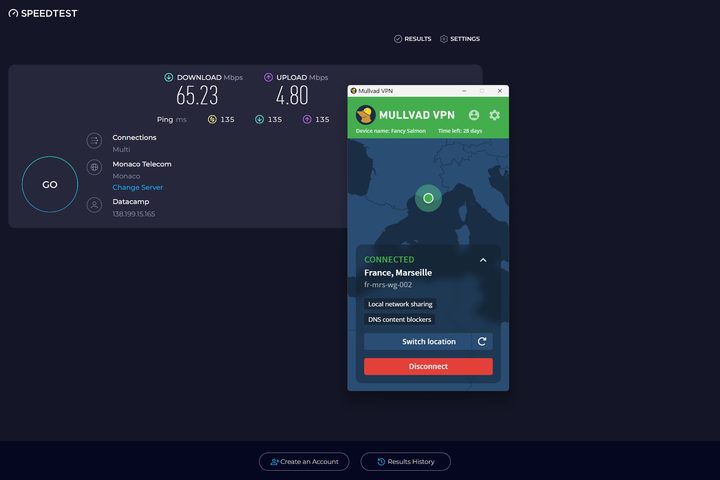Mullvad VPN significantly cut my native 900 Mbps speed when connecting to France.