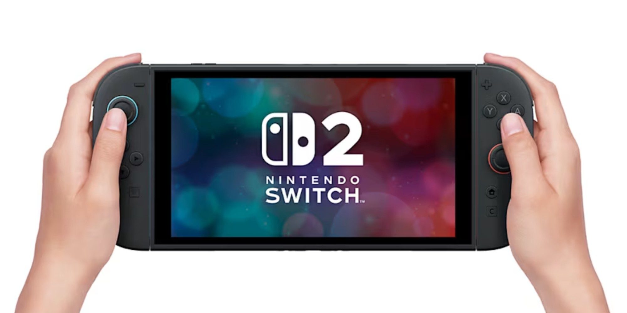 The Nintendo Switch 2 is being held in a pair of hands.