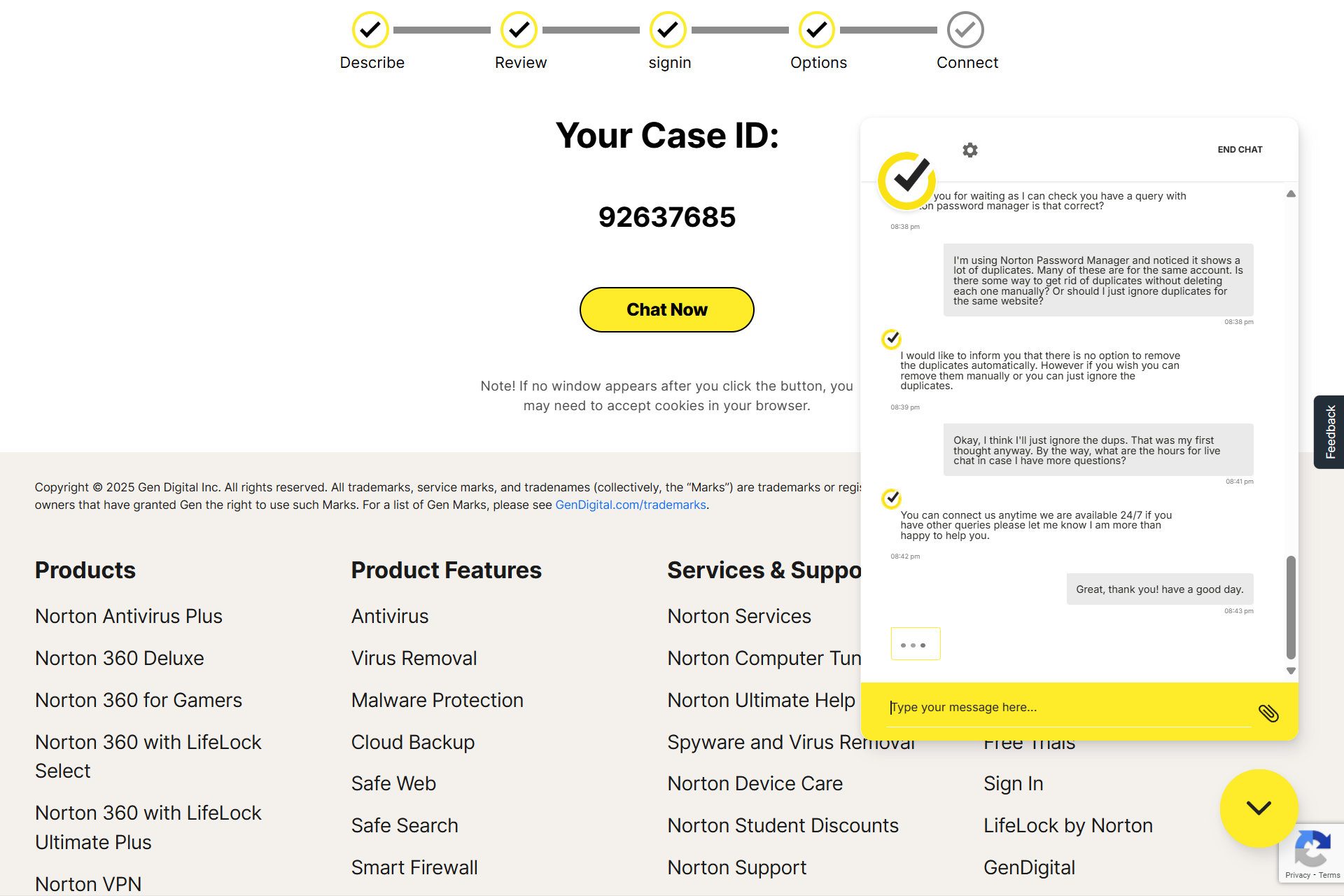 Norton provides live chat support, even for its free password manager.