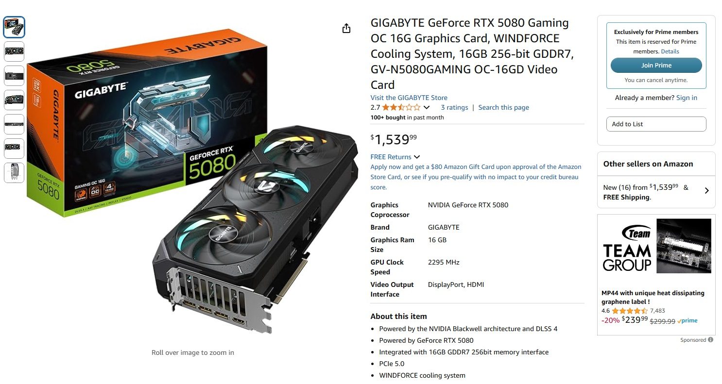 A listing for the Gigabyte RTX 5080 GPU on Amazon marked with the Prime Members Only tag