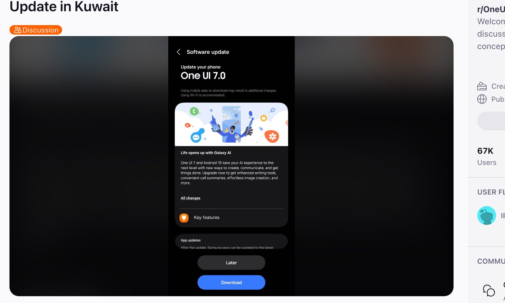 One UI 7 update post on Reddit.