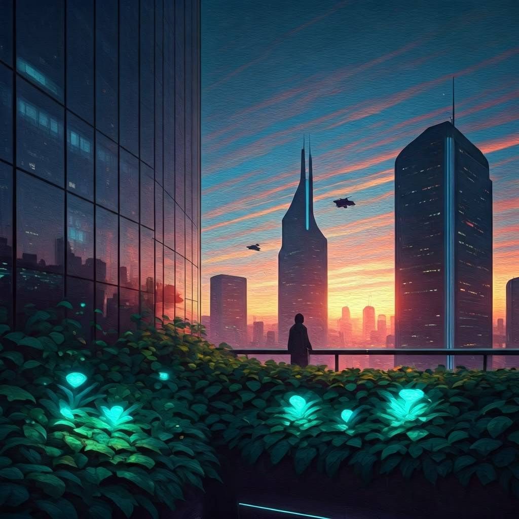 Oil painting of a skyline generated by Opera Aria AI chatbot.