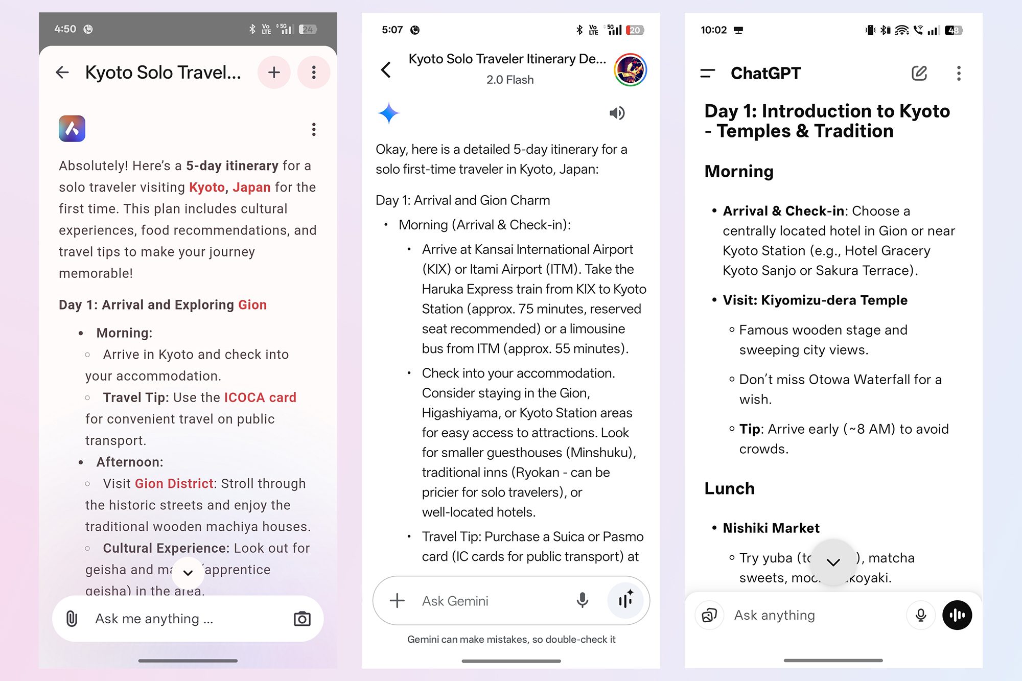 Response to a long text query on Opera Aria AI chatbot vs ChatGPT and Google Gemini.