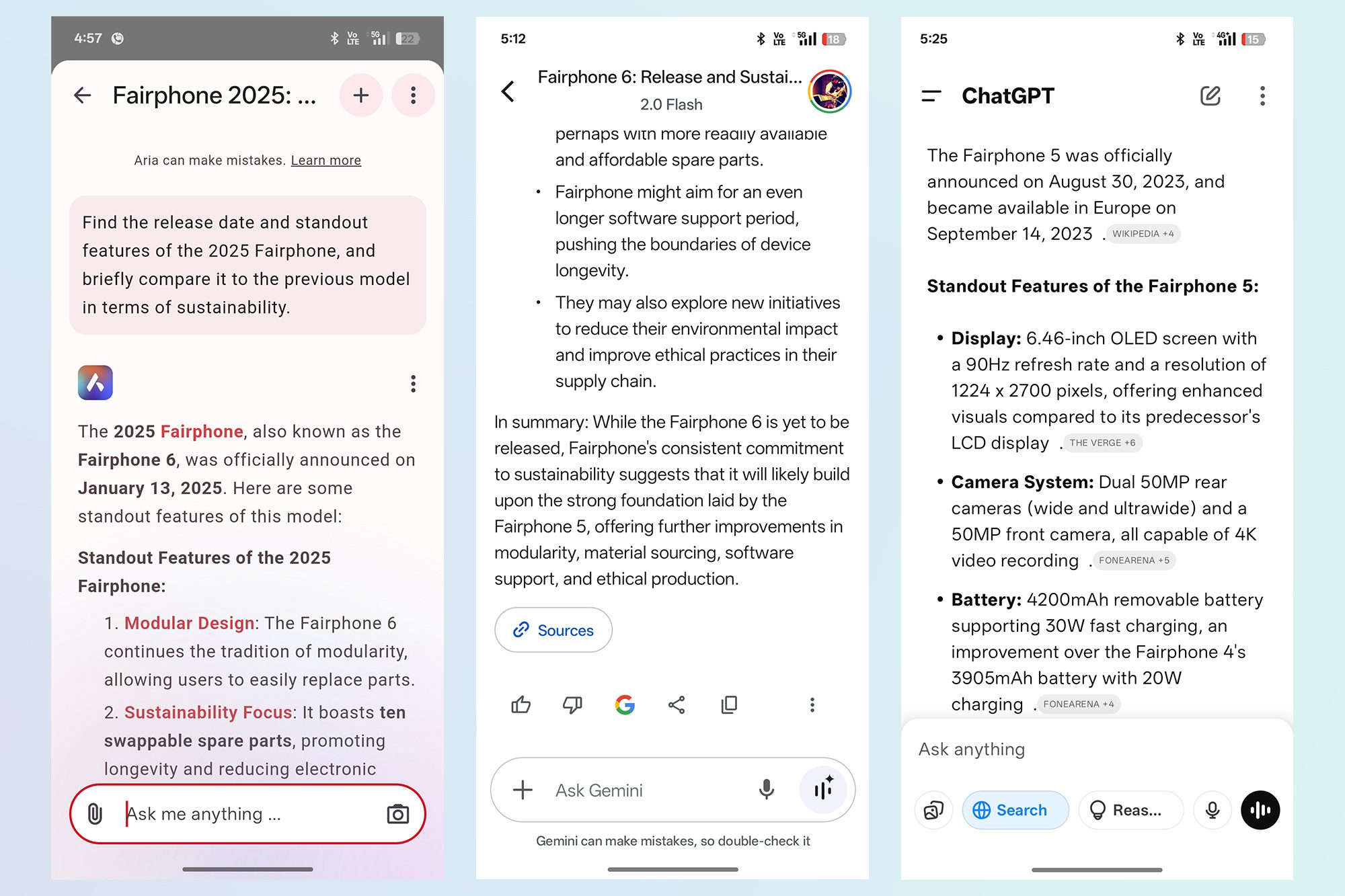 Response to a web search query on Opera Aria AI chatbot vs ChatGPT and Google Gemini.