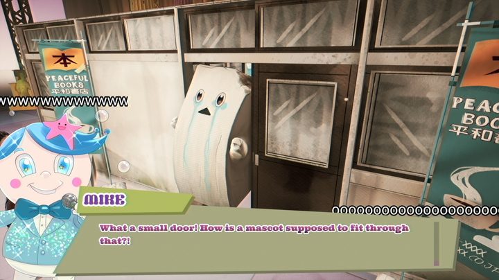 A tofu mascot is stuck in a small doorway in Promise Mascot Agency.