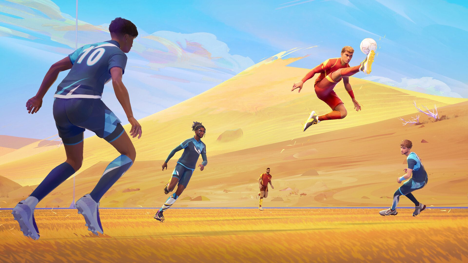 A soccer player jumps to get a ball in Rematch.