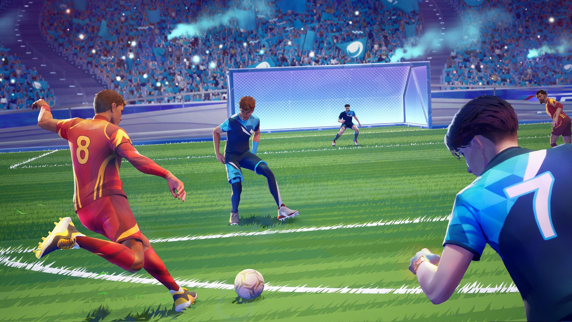 A soccer player attempts to shoot in Rematch.