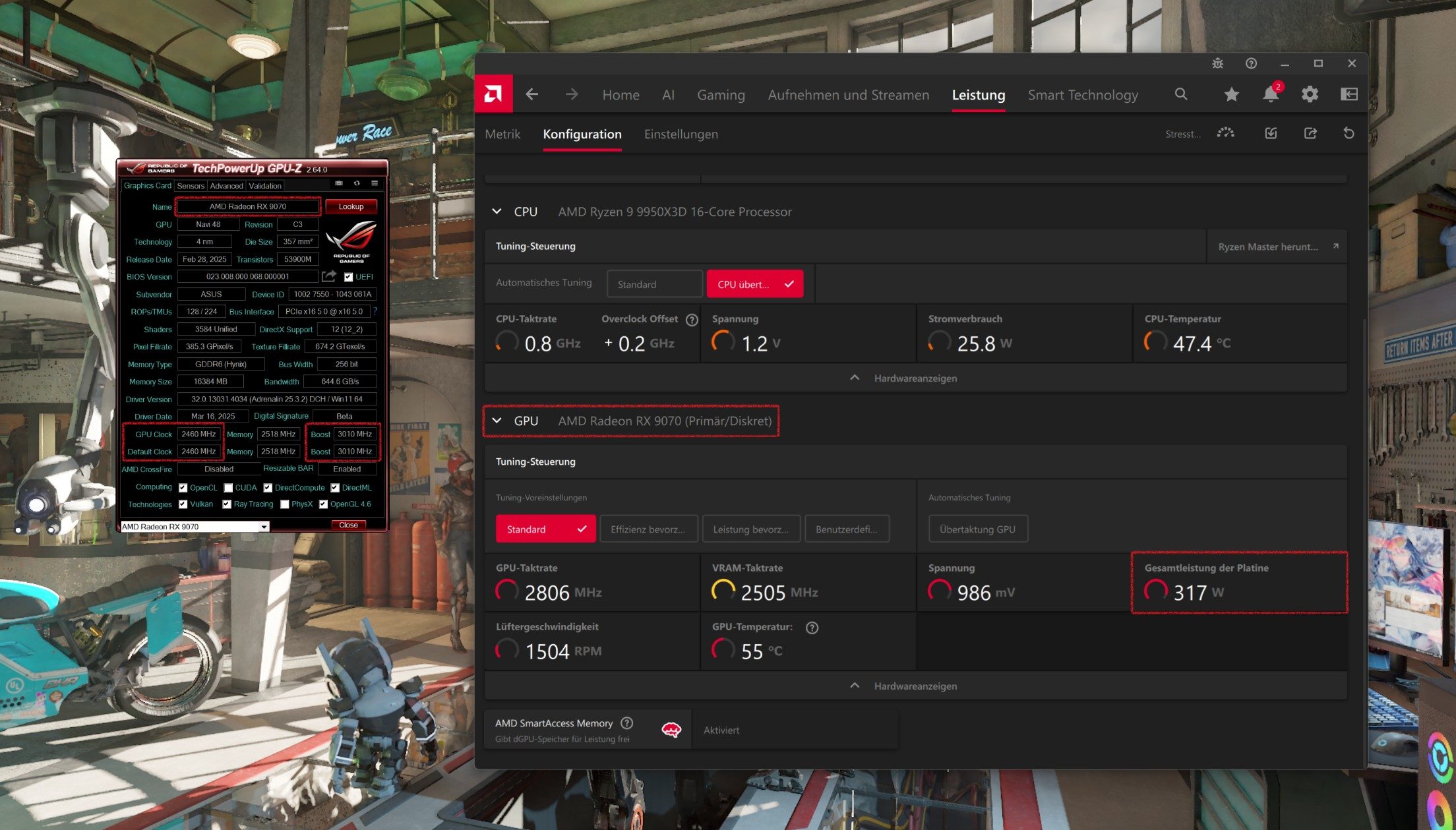 RX 9070 in the AMD driver utility and GPU-Z.