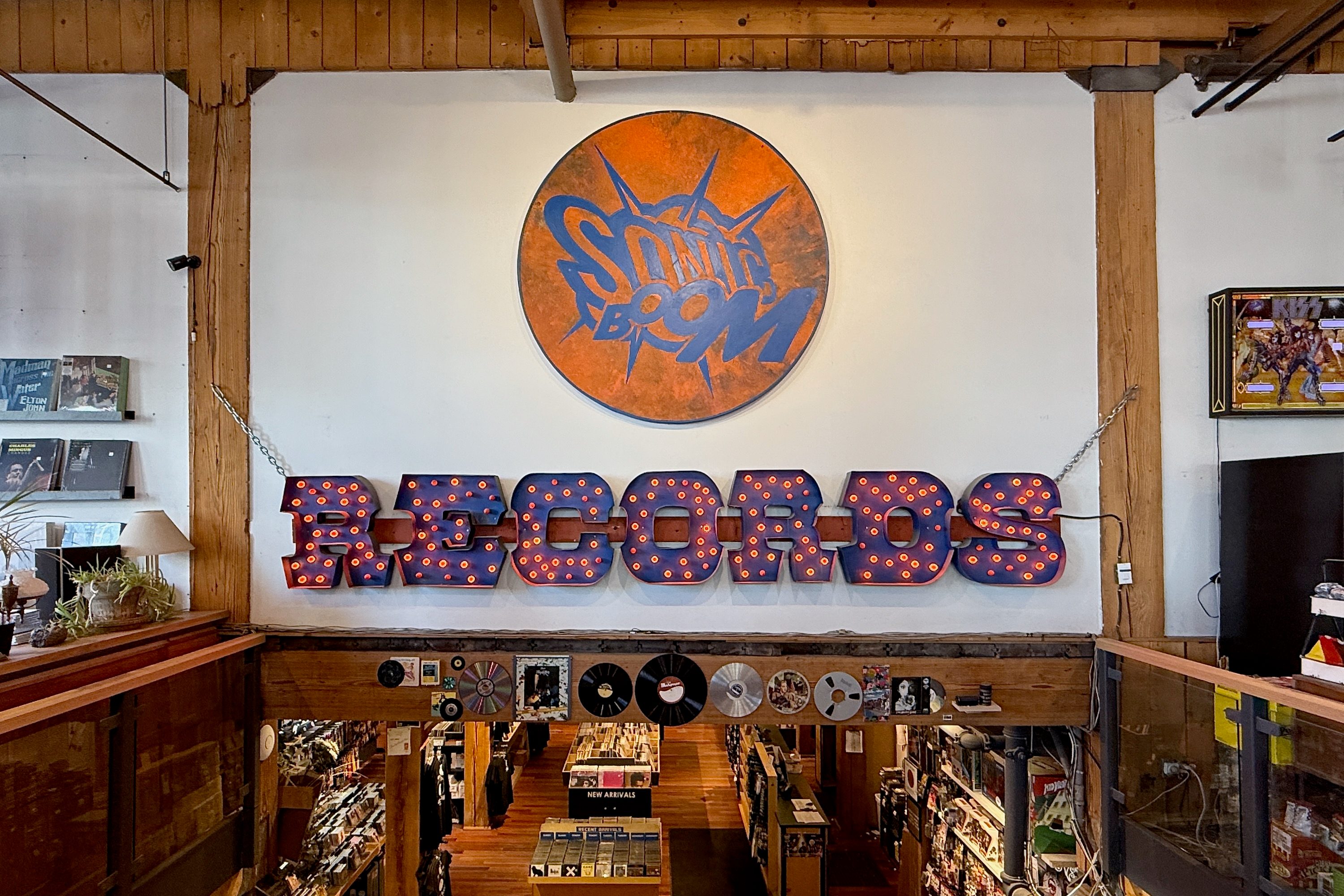 The iconic Sonic Boom Records sign inside the store.