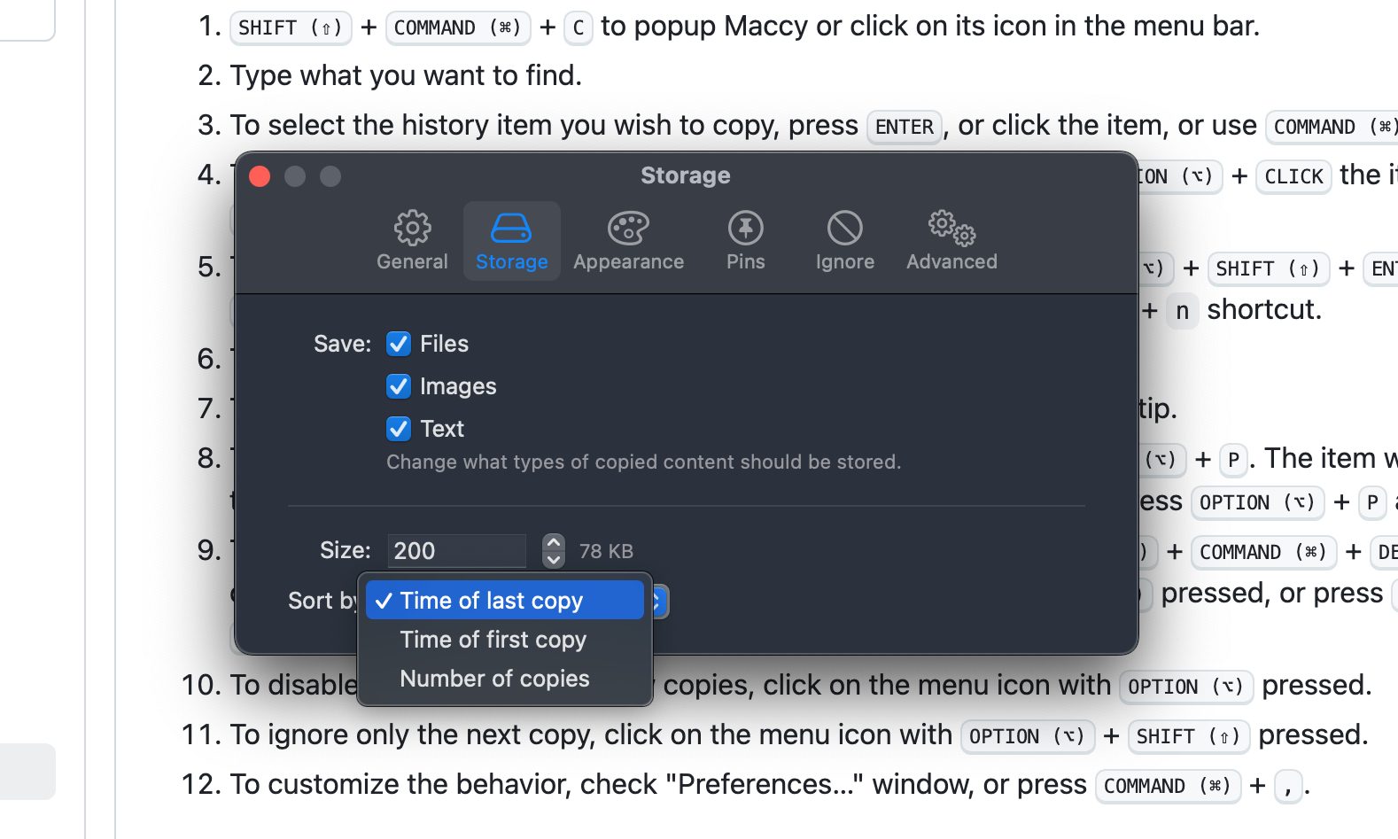 Storage preferences in the Maccy clipboard app for macOS.