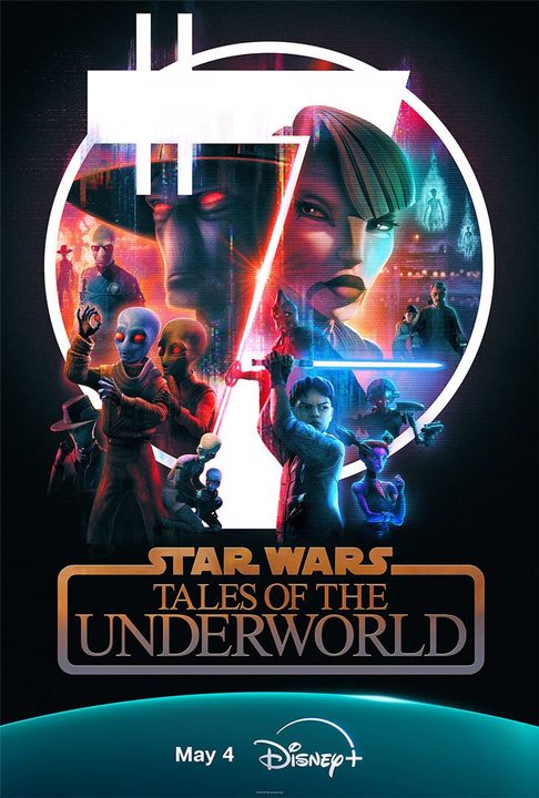 Star Wars Tales of the Underworld characters hold up sabers and guns.