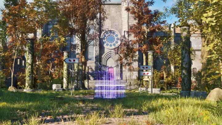 A stone building stands behind trees and a purple portal.
