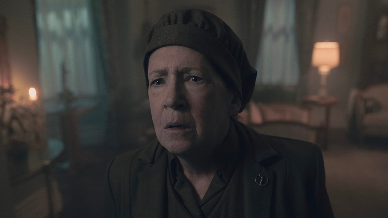 Aunt Lydia stares at something in disbelief in The Handmaid's Tale.