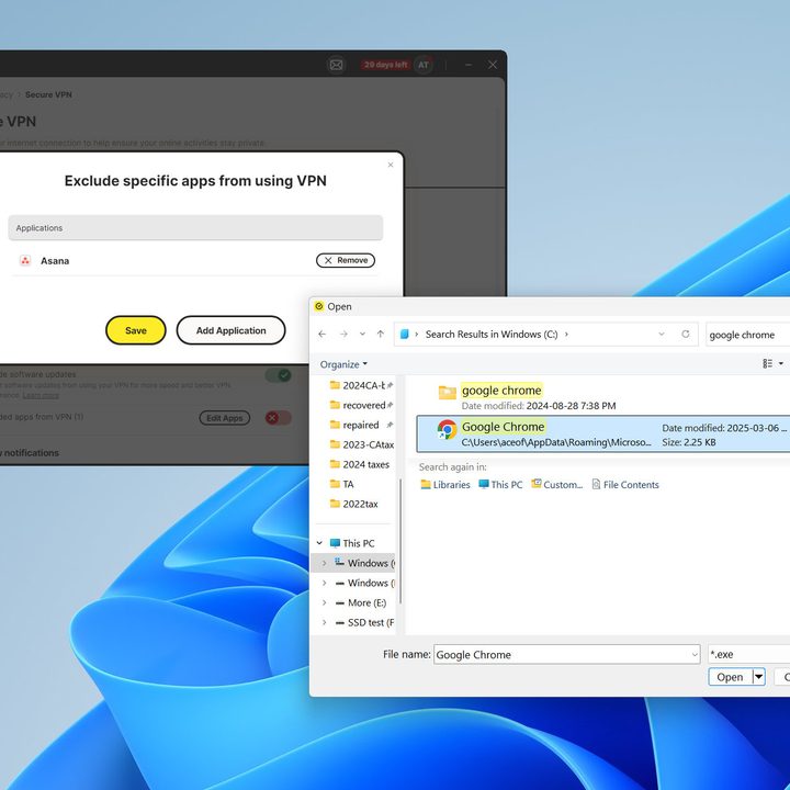 Norton 360's VPN allows split-tunneling to exclude selected apps.