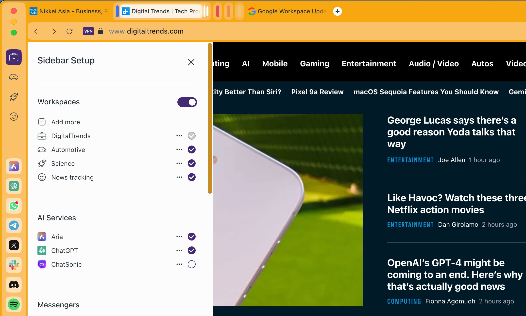 Workspaces setup in Opera browser.