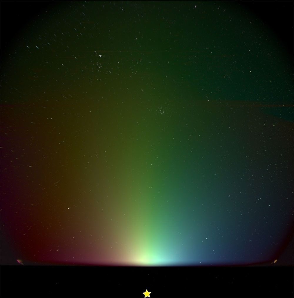 On April 18, 2025, the WFI-2 instrument (which captured its first light on April 14) took images through all three of its polarizers in succession for the first time to create this view. The image is colorized to show the polarization (or angle) of the zodiacal light, a faint glow from dust orbiting the Sun.