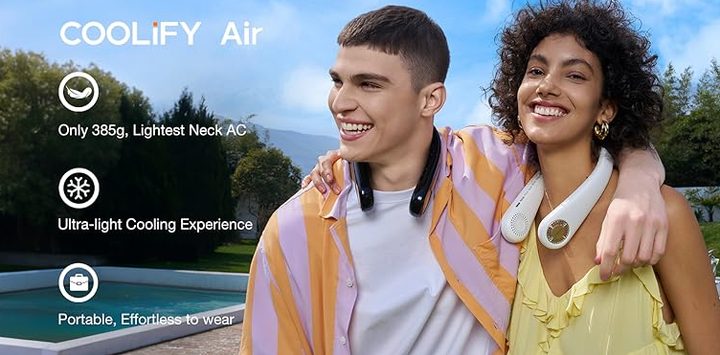 man and woman enjoying personal cooling systems around their neck while outdoors
