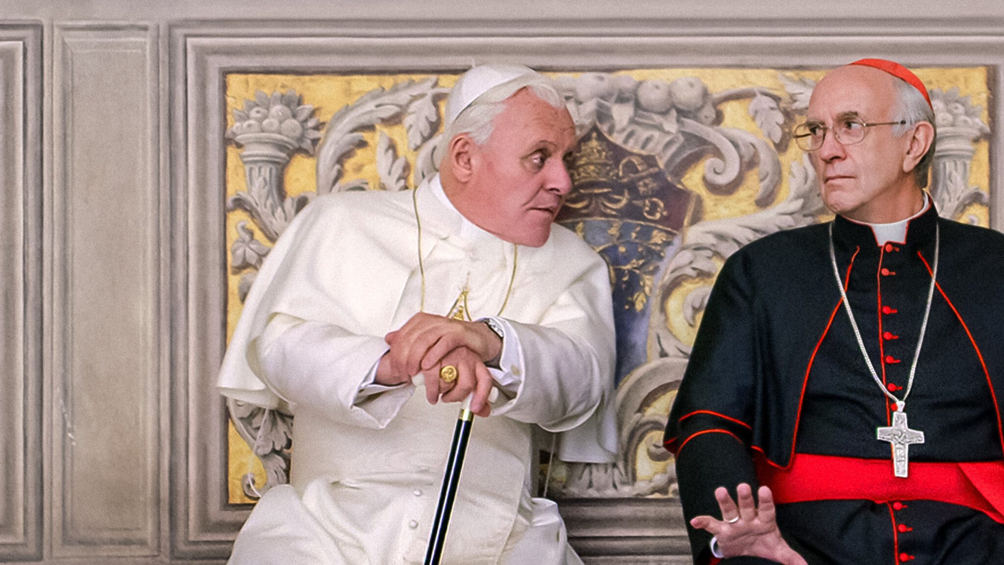 Jonathan Pryce and Anthony Hopkins in The Two Popes.