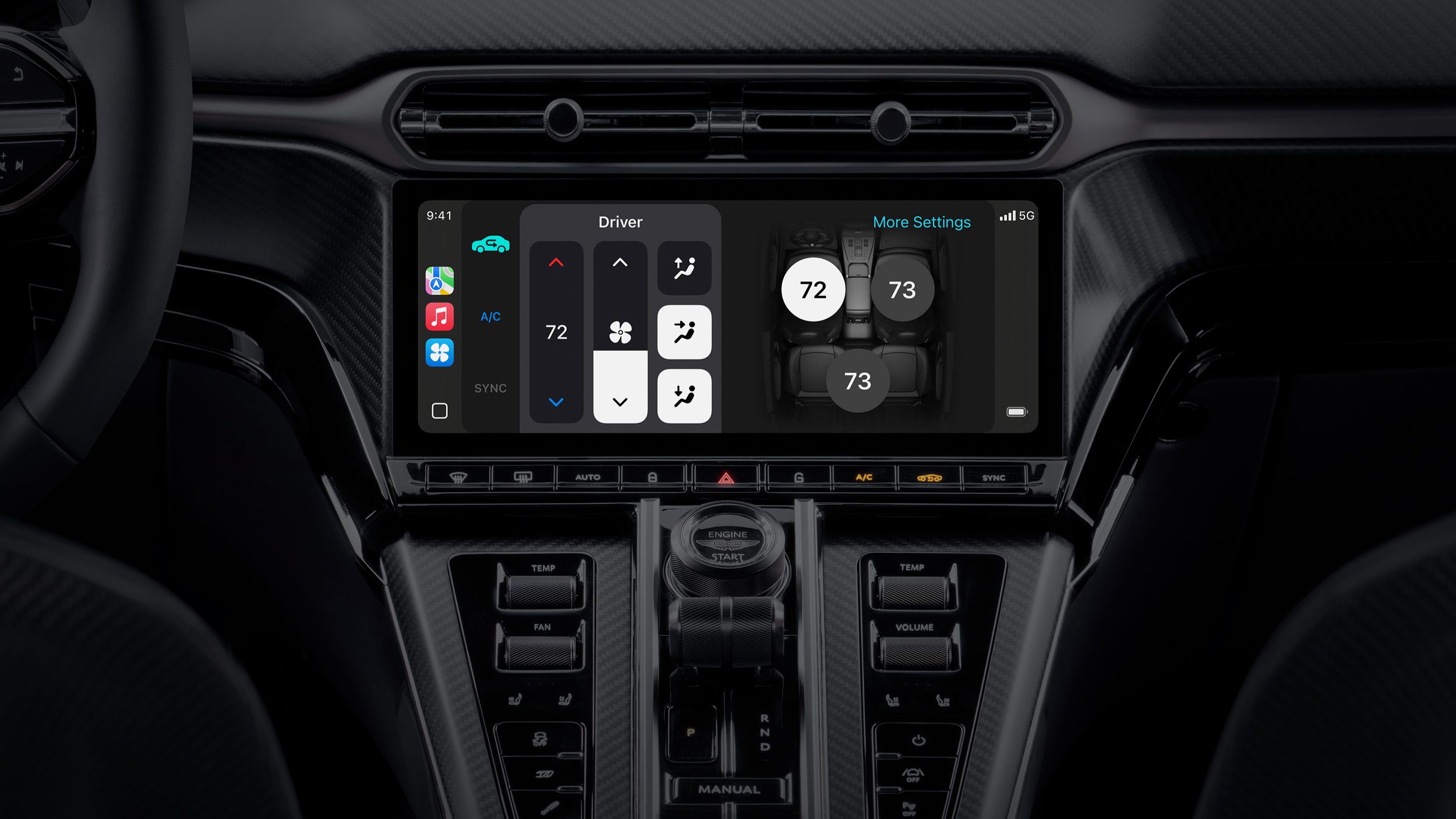 Apple Car Play Ultra on the infotainment display showing climate controls