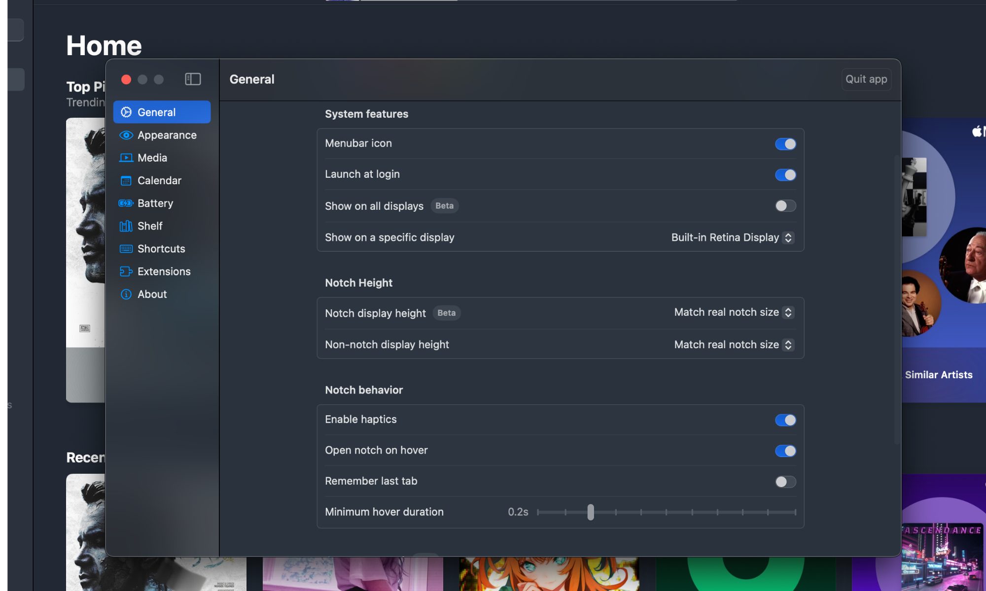 Settings menu within the Boring Notch app.