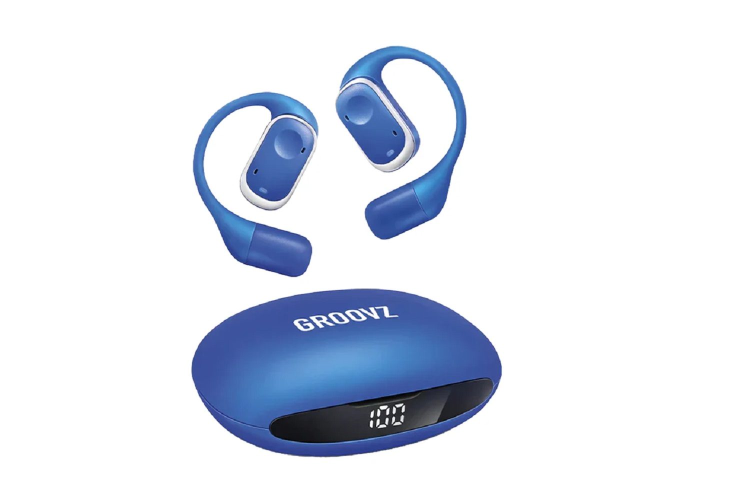 The Groovz Open-Ear True Wireless Headphones in blue, on a white background.