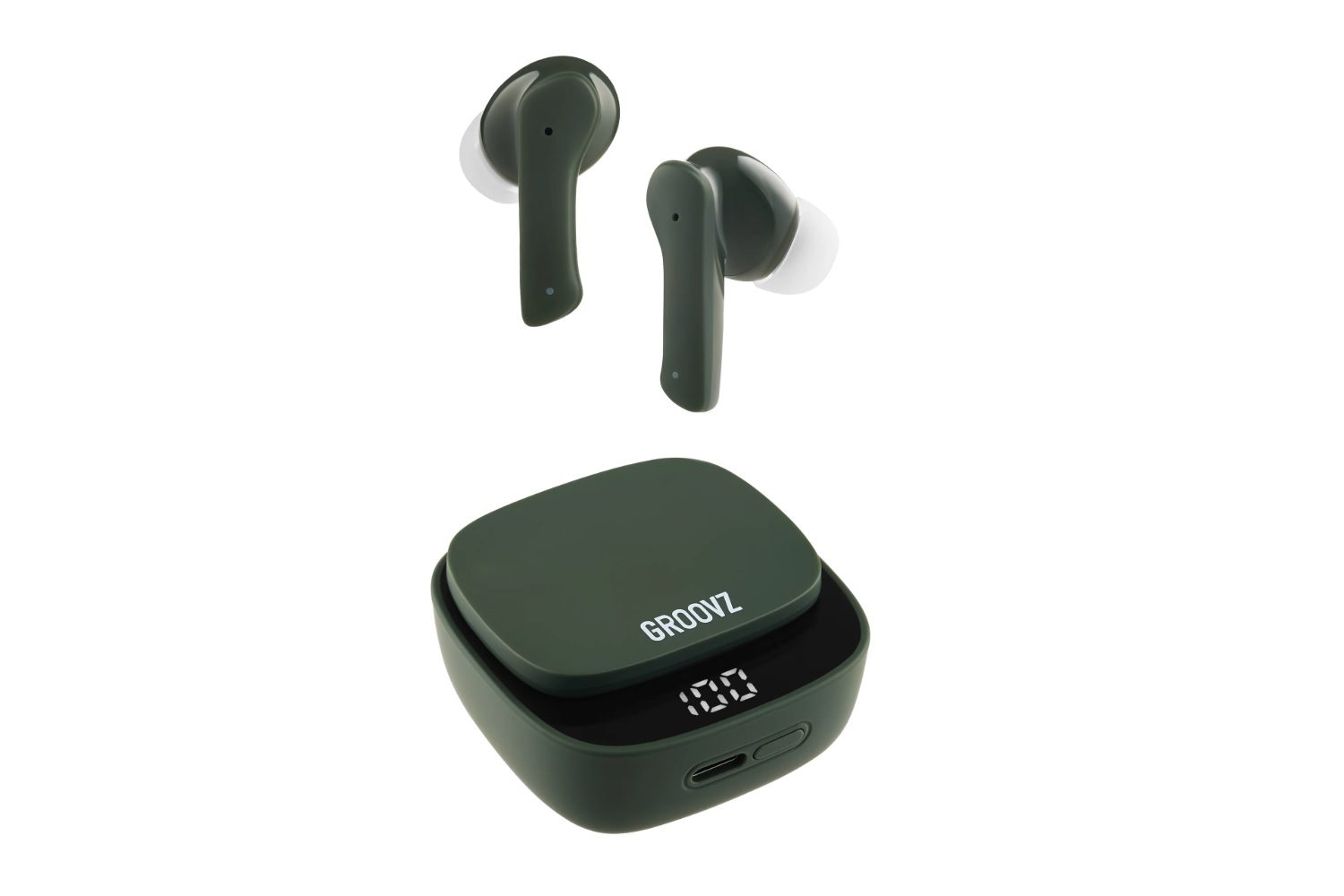 The Groovz True Wireless Earbuds in green, on a white background.
