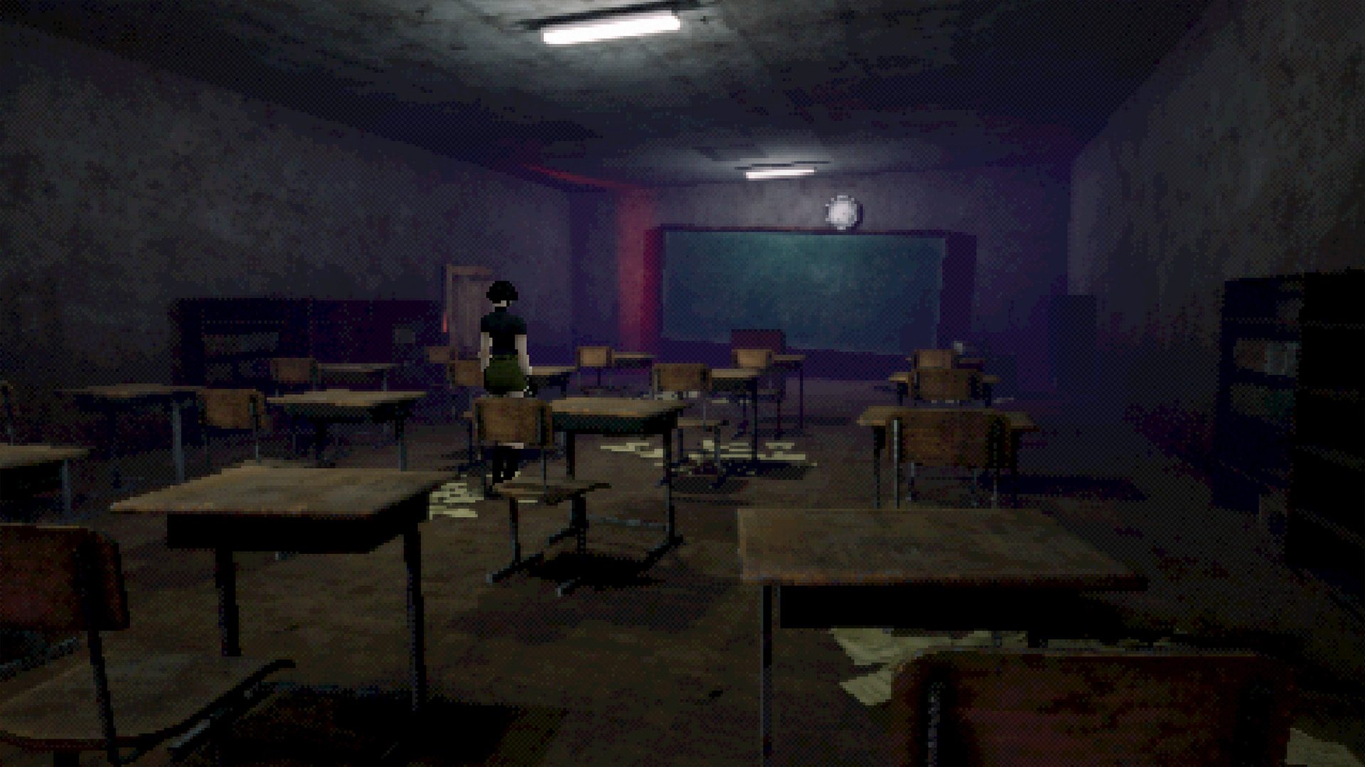 A slightly twisted angle from a fixed camera shows a dark and dilapidated classroom.