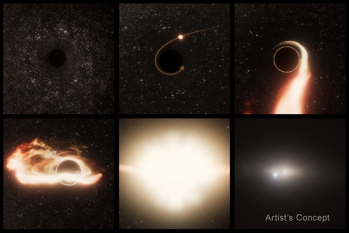 A six-panel illustration of a tidal disruption event around a supermassive black hole.