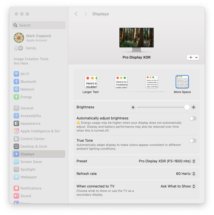 Apple Pro Display XDR display settings screenshot.